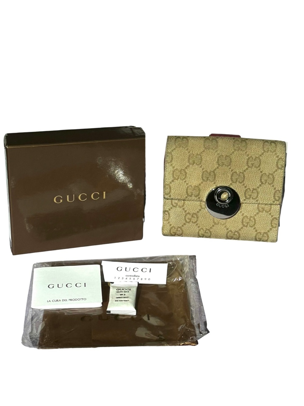 Gucci Beige GG Supreme Canvas Snap Wallet with Brown Box